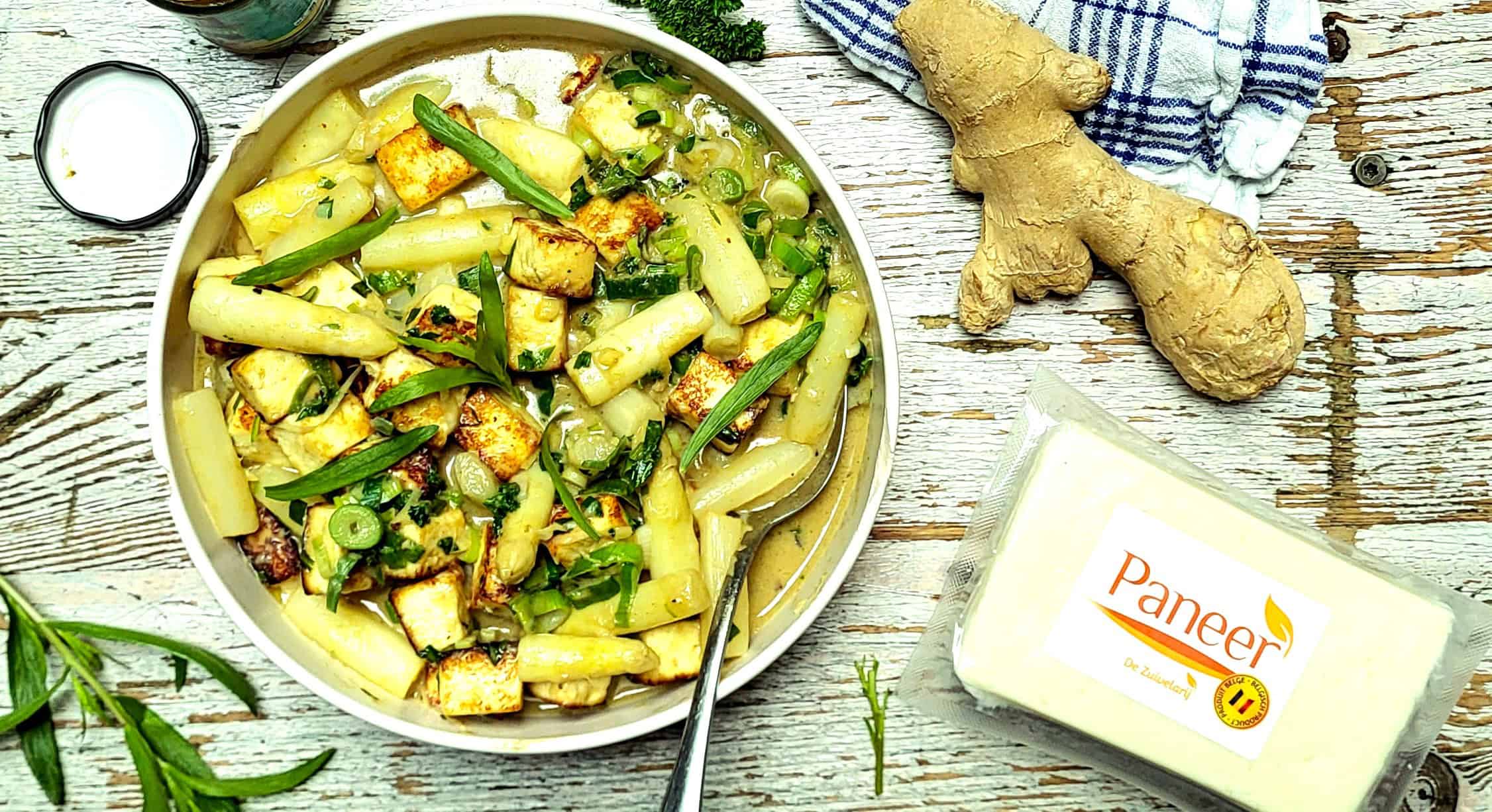 paneer, groene curry, asperges